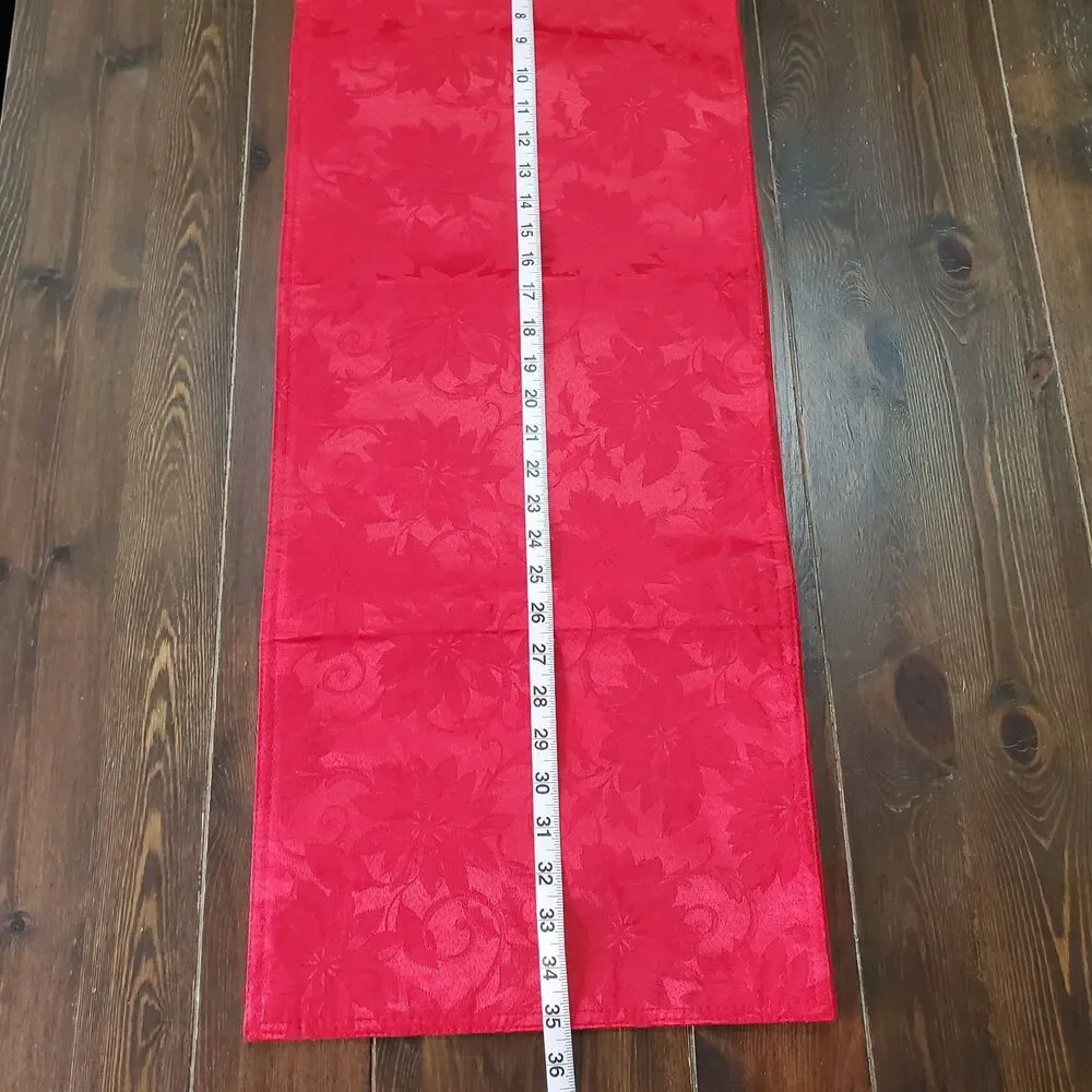 Table Runner Red Sateen Jacquard Poinsettias 2-sided 70x13